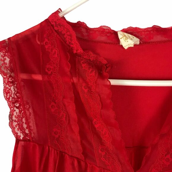 Texsheen‎ Vintage Red Nightgown Medium Nylon Lace Maxi Gown Babydoll Lingerie - Picture 4 of 7